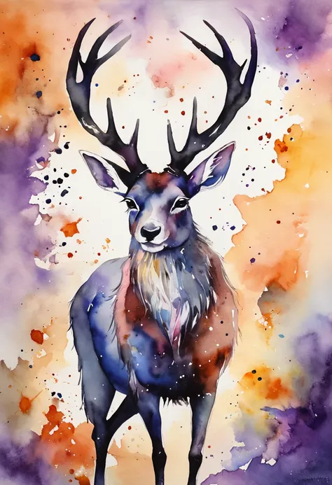 Jackalope with black and purple fur and magenta antlers, staring up at a impossible sky full of nebulas stars and amazing colors, best quality, masterpiece