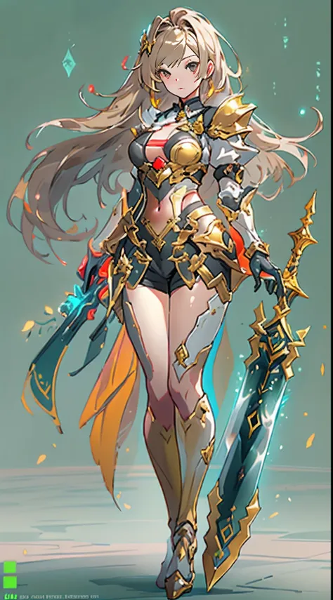 Design a layout showcase Gaming character, (1girl). Golden+Purle clothes, stylish and unique, ((showcase weapon:1.4)), magic staff, (masterpiece:1.2), (best quality), 4k, ultra-detailed, (Step by step design, layout art:1.5), (luminous lighting, atmospheri...