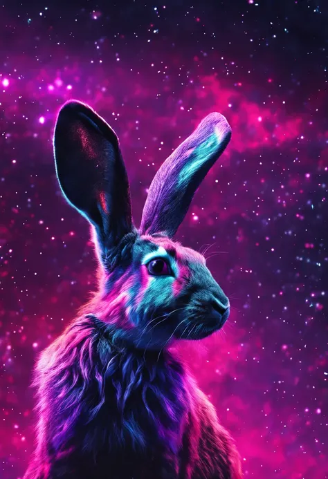 Rabbit with black and purple fur and magenta antlers, staring up at a impossible sky full of nebulas stars and amazing colors, best quality, masterpiece, in 2D illustration Style