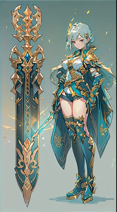 Design a layout showcase Gaming character, (1girl). Golden+Purle clothes, stylish and unique, ((showcase weapon:1.4)), magic staff, (masterpiece:1.2), (best quality), 4k, ultra-detailed, (Step by step design, layout art:1.5), (luminous lighting, atmospheri...