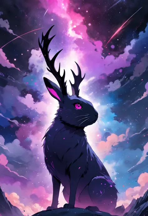 Rabbit with black and purple fur and magenta antlers, staring up at a impossible sky full of nebulas stars and amazing colors, best quality, masterpiece, in 2D illustration Style