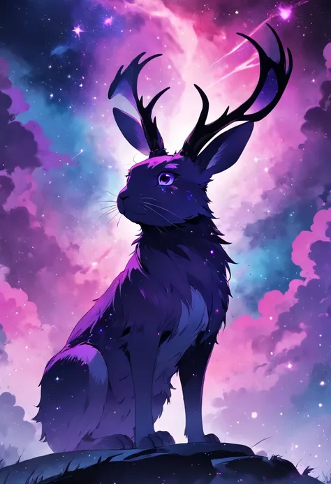 Rabbit with black and purple fur and magenta antlers, staring up at a impossible sky full of nebulas stars and amazing colors, best quality, masterpiece, in 2D illustration Style