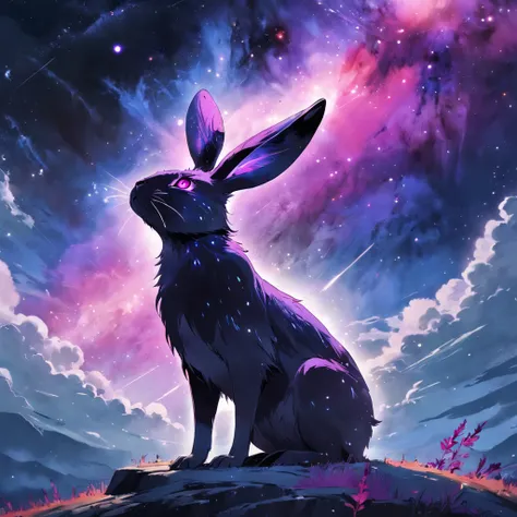 Rabbit with black and purple fur and magenta antlers, staring up at a impossible sky full of nebulas stars and amazing colors, best quality, masterpiece,