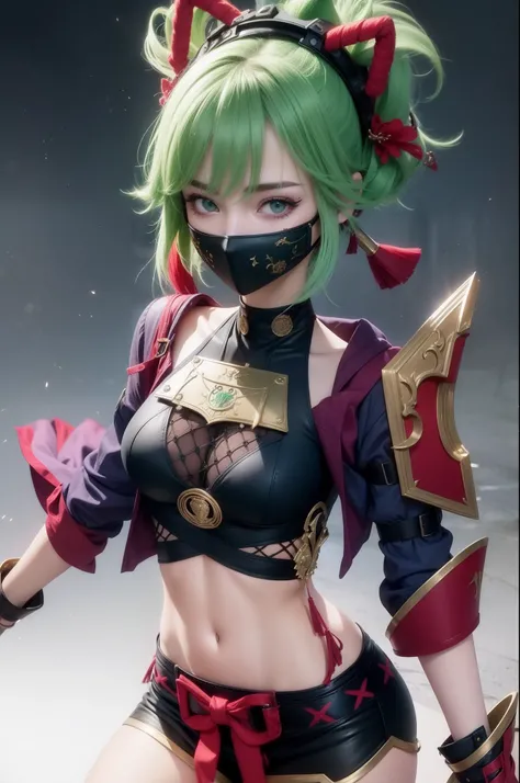 Beautiful attractive woman with green hair and mask with best quality best effects best shadows best lighting 8k ultra HD super realistic