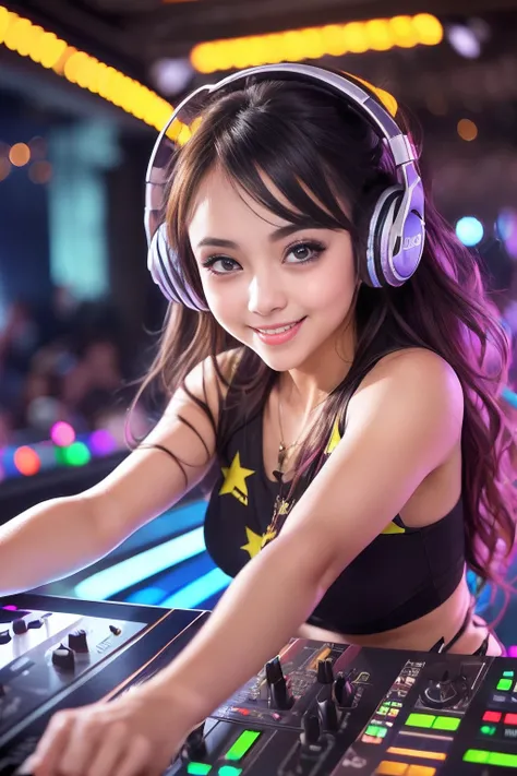 ((((Sweet girl, European appearance, big eyes, European Eye Shape, hair light, Smiling – disc jockey, Dancing)))) , bright clothes, unusual, striking appearance, Playful accessories, Creative behavior, Creative behavior, Sensual, spontaneous, DJ headphones...