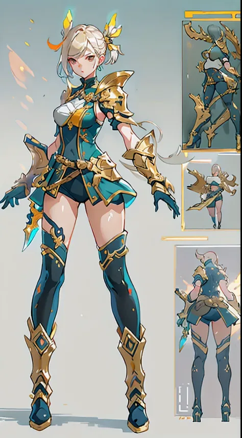 Design a layout showcase Gaming character, (1girl). Golden+Purle clothes, stylish and unique, ((showcase weapon:1.4)), magic staff, (masterpiece:1.2), (best quality), 4k, ultra-detailed, (Step by step design, layout art:1.5), (luminous lighting, atmospheri...