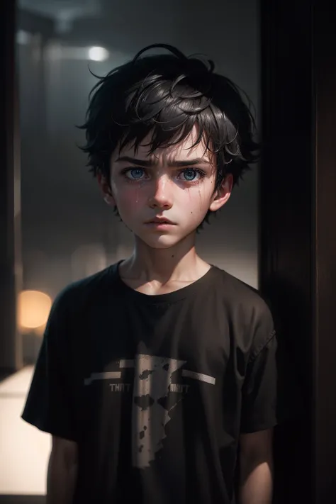 (sharp focus:1.2), an award-winning shot of a depressed casual boy kid, thunderstorm outside, dull backlighting, extremely detailed skin, extreme sadness, hopelessness, bleary eyes, (deep shadows:1.1), high contrast, beautiful cried eyes, absurd, 8k, (high...