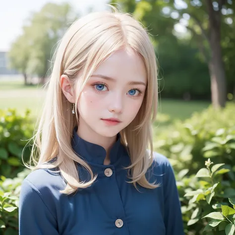 Nordic beauty、Beautiful blonde hair、clear pale blue eyes、Light blue eyes、FULL BODYSHOT、Beautuful Women、16 years old women、Neat and clean uniform、Dainty and classy cute girl、((Random colors:1・3)Girl in cute clothes)、Full Body Angle、expressioness、smil、White ...