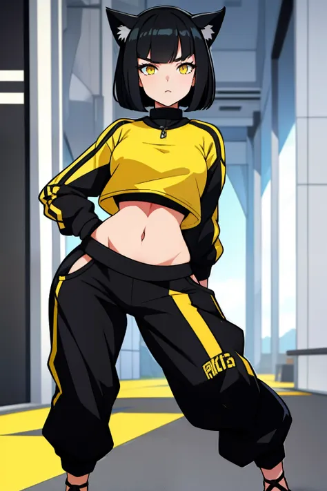 1girl, bob haircut, cat ears, black hair, black white and yellow tracksuit, yellow eyes, looking at viewer, wide hips, long pant...