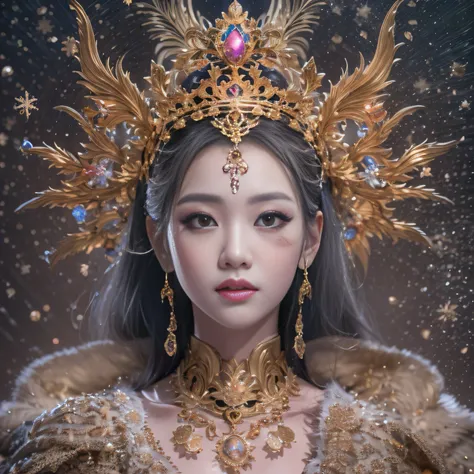 32K（tmasterpiece，k hd，hyper HD，32K）short detailed hair，Gold jewelry area in the back room，Flame Girl ，Yao Lang protector （realisticlying：1.4），Python pattern robe，Purple-pink tiara，Snowflakes fluttering，The background is pure，Hold your head high，Be proud，Th...