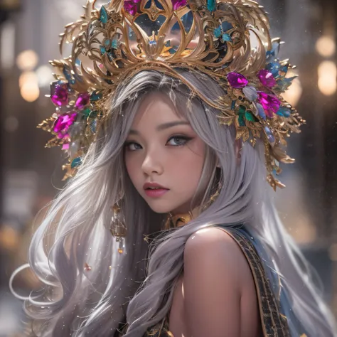 32K（tmasterpiece，k hd，hyper HD，32K）short detailed hair，Gold jewelry area in the back room，Flame Girl ，Yao Lang protector （realisticlying：1.4），Python pattern robe，Purple-pink tiara，Snowflakes fluttering，The background is pure，Hold your head high，Be proud，Th...