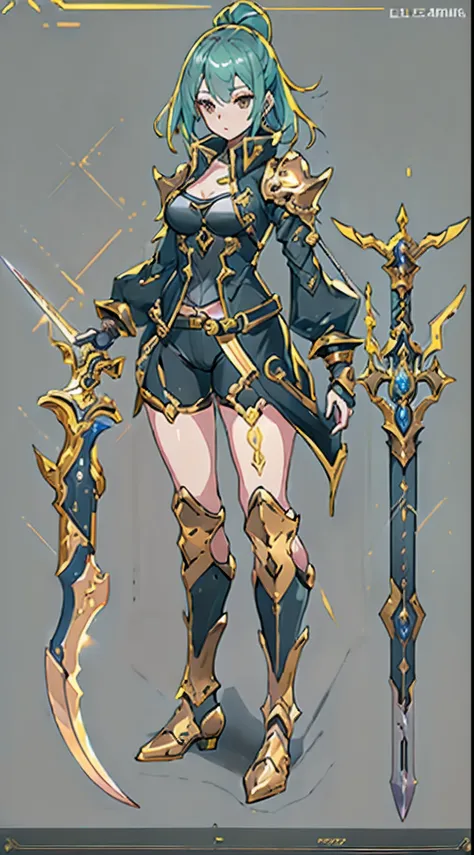 design a layout showcase gaming character, (1girl). golden+purle clothes, stylish and unique, ((showcase weapon:1.4)), magic sta...