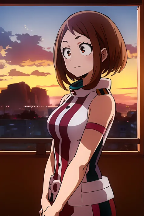 "Create a stunning movie poster showcasing Ochaco Uraraka from My Hero Academia in her heroic attire, gazing into the beautiful sunset from her UA dormitory."