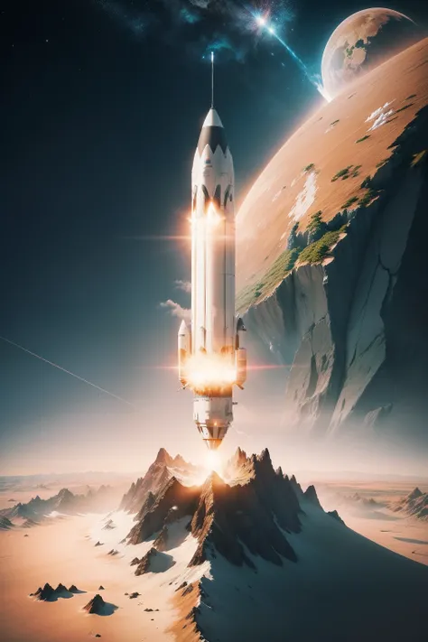 create a rocket rising having the landscape of planet earth