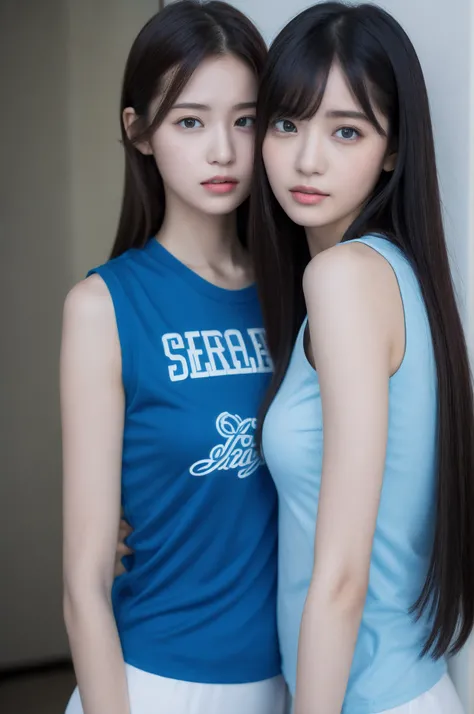 Sensual,two girls,lesbians,in blue sleeveless T-shirt,duo,