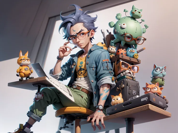 A young man with glasses sits at his desk，holding laptop，digitial painting，3D character design by Mark Clairen and Pixar and Hayao Miyazaki and Akira Toriyama，4K HD illustration，Very detailed facial features and cartoon-style visuals。