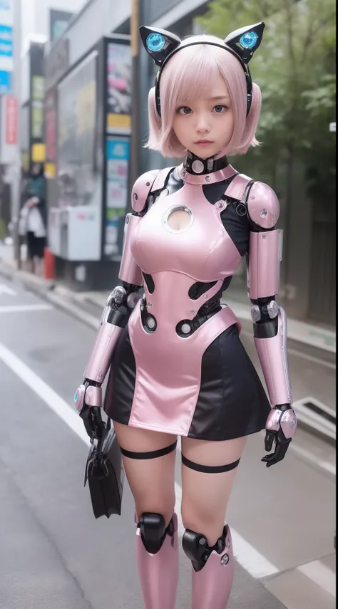 (Photorealsitic:1.4)、One-girl、(top-quality),(hyperdetailed face)、(Super well-formed face)、((Robot Parts))、(Robot girl)、(metallic)、(full-body)、(Moe Pose)、(Slender body)、(tits out)、(Model body type)、(mechanical exposure)、(Akihabara)、(is looking at the camera...