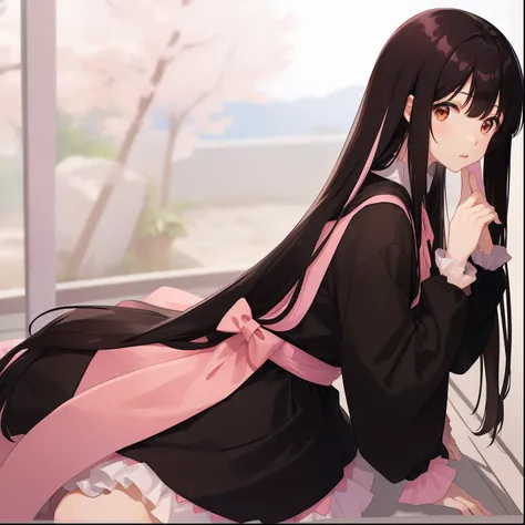 1woman, mature, long black hair with pink highlights, brown eyes, hime style bangs, emo clothes