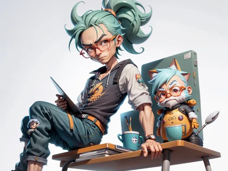 A young man with glasses sits at his desk，holding laptop，digitial painting，3D character design by Mark Clairen and Pixar and Hayao Miyazaki and Akira Toriyama，4K HD illustration，Very detailed facial features and cartoon-style visuals。