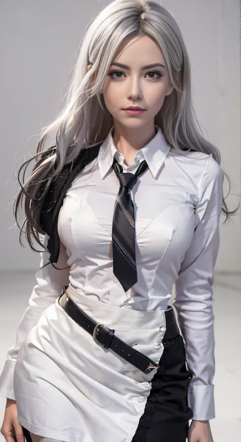 Es gibt eine Frau mit langen Haaren, who wears a white shirt and tie, tifa lockhart with white hair, anime girl cosplay, perfect white haired girl, photorealistic anime girl render, hyperrealistic schoolgirl, Stil Artgerm, a hyperrealistic schoolgirl, IG-M...