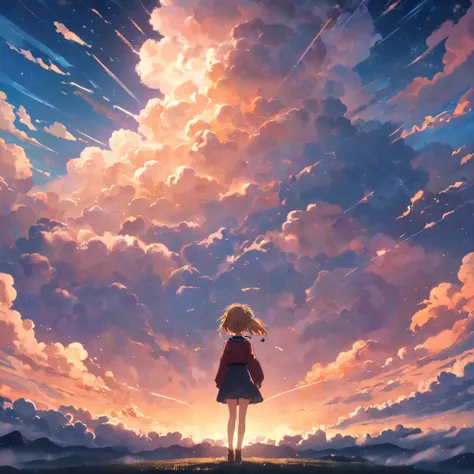 tmasterpiece，best qualtiy，cinematic Film still from，1girl，Cloud Girl，Floating in the sky，（wide shot：1.1），brightly，cheerfulness，Warm and soft lighting，the sunset，（spark of light：0.7）