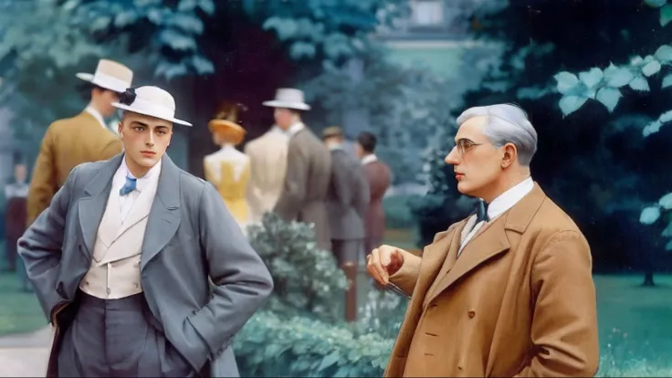 There are two men next to each other in a park, Edward Hopper e Ilya Kushinov, Rene Lalique e Eddie Mendoza, autocromo, Foto autocromo premiada, 4K foto autocromo, Frank Weston e Gustave Baumann, colorido, colorido, Cinebiografia, de uma cena de filme, Ego...