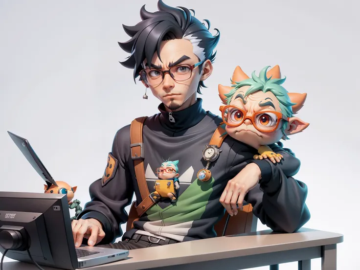 A young man with glasses sits at his desk，holding laptop，digitial painting，3D character design by Mark Clairen and Pixar and Hayao Miyazaki and Akira Toriyama，4K HD illustration，Very detailed facial features and cartoon-style visuals。