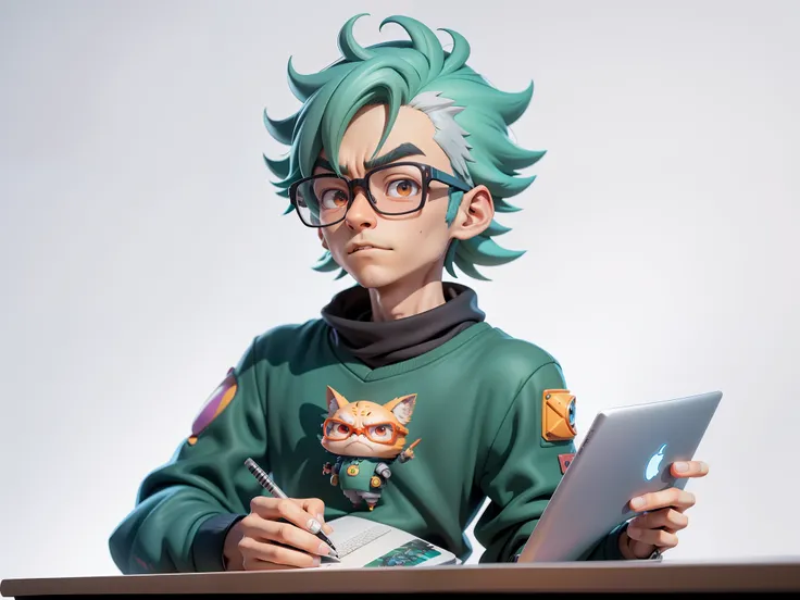 A young man with glasses sits at his desk，holding laptop，digitial painting，3D character design by Mark Clairen and Pixar and Hayao Miyazaki and Akira Toriyama，4K HD illustration，Very detailed facial features and cartoon-style visuals。