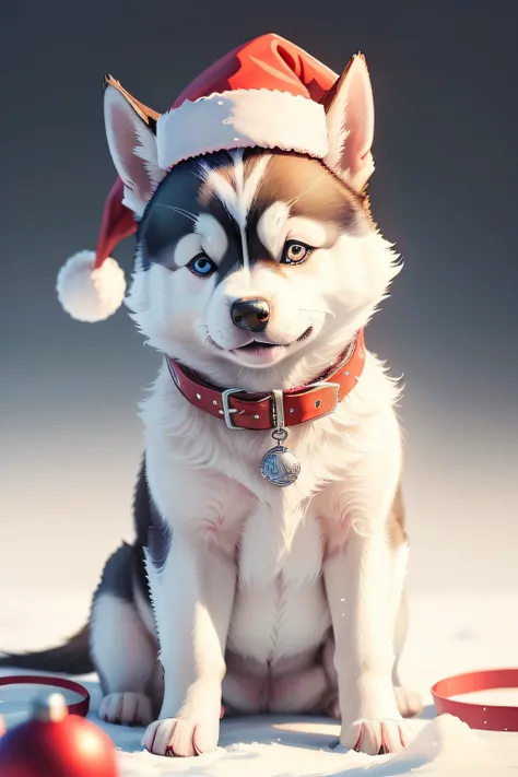 A cute adorable Christmas husky puppy wearing a Santa hat, com presentes, Aquarela, pintura em aquarela, altamente detalhado, Clipart, Clip-art, em um fundo branco, water color, em vista, alta qualidade, foto realista, feriado, festivo, Natal