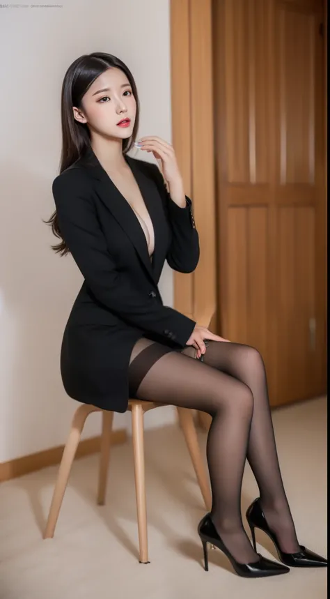 (Beautiful face),(full bodyesbian) ,(sexy pout), 28 years old Japanese female, Business suit, Pantyhose,High heels ,Erlang legs,sit on chair,big breast,