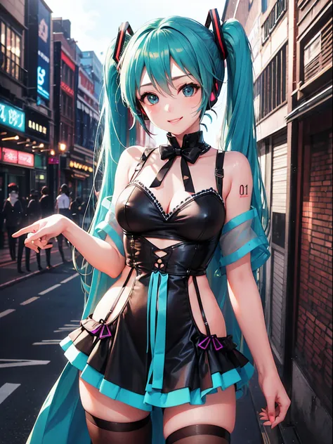 masutepiece、Best Quality、Illustration、 ultra-detailliert、hight resolution、8K Wallpapers、Perfect dynamic composition,、Beautiful detailed eyes、(Hatsune Mikus costume:1.3)、Medium Hair、Ash gray hair、(Beautiful Large Breasts:1.3)、Natural Color Lip、Bold sexy pos...