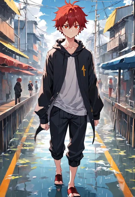 Menino de anime com cabelo vermelho olhos amarelos moletom branco, black pants standing on a boat red-haired boy anime with freckles on a raining day 4k anime wallpaper, estilo anime 4K, Anime Wallpaper 4k, 4k anime wallpapers, 4 k manga wallpaper, cara de...