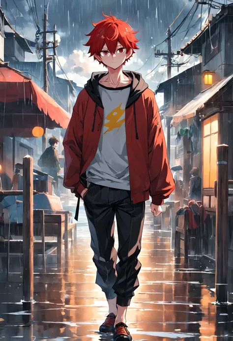 Menino de anime com cabelo vermelho olhos amarelos moletom branco, black pants standing on a boat red-haired boy anime with freckles on a raining day 4k anime wallpaper, estilo anime 4K, Anime Wallpaper 4k, 4k anime wallpapers, 4 k manga wallpaper, cara de...