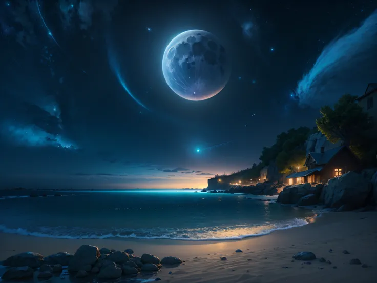 **At night sky, the beach is covered with blue and green fluorescence, the huge moon, elf light, stars, facula, the sea with fluorescence, the shining golden beach, the starry sky with moonlight, Michael james Smiths matte painting, reflection, cg renderin...