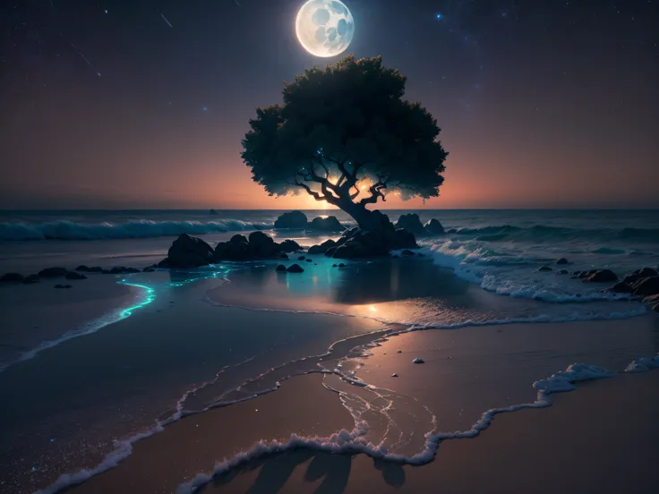 **At night sky, the beach is covered with blue and green fluorescence, the huge moon, elf light, stars, facula, the sea with fluorescence, the shining golden beach, the starry sky with moonlight, Michael james Smiths matte painting, reflection, cg renderin...