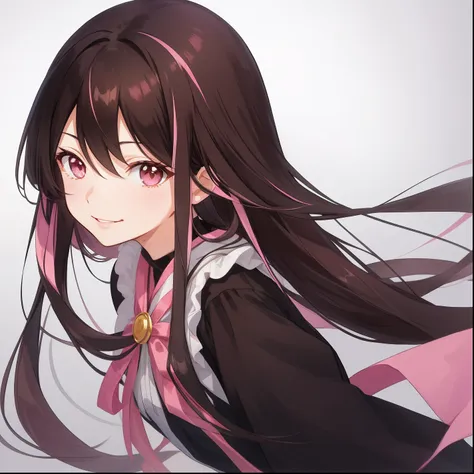 1woman, mature, long black hair with pink highlights, brown eyes, hime style bangs, black clothes, light smirk