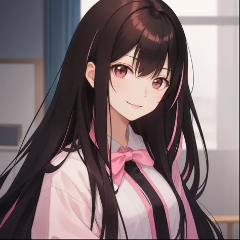 1woman, mature, long black hair with pink highlights, brown eyes, hime style bangs, black clothes, light smirk