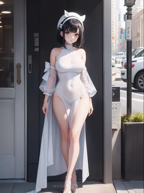 ​masterpiece、top-quality、White Maxi One Piece Long、Voluptuous body、A dark-haired、a short bob、sodden、Sheer costume、street corner、hi-school girl、Full body like