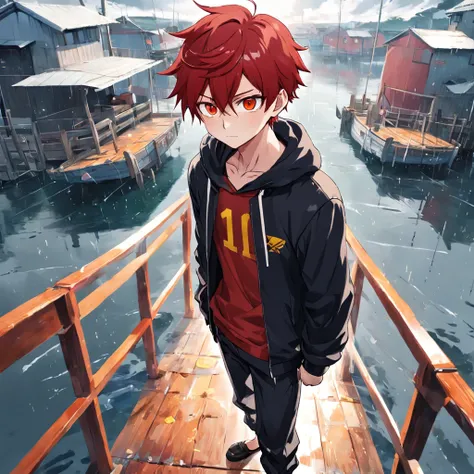 Menino de anime com cabelo vermelho olhos amarelos moletom branco, black pants standing on a boat red-haired boy anime with freckles on a raining day 4k anime wallpaper, estilo anime 4K, Anime Wallpaper 4k, 4k anime wallpapers, 4 k manga wallpaper, cara de...