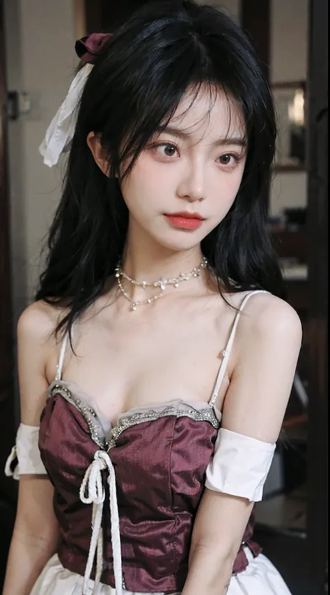 best qualtiy， 超高分辨率， （realisticlying：1.4），Baoyu Girl，1girll, with long coiled hair，Blushlush，Looking into the distance，nedium breasts，Lolita costume，Lolita uniform，a sense of atmosphere，Beautiful woman with a slim figure:1.4, Pronounced abs，Ultra-fine face...