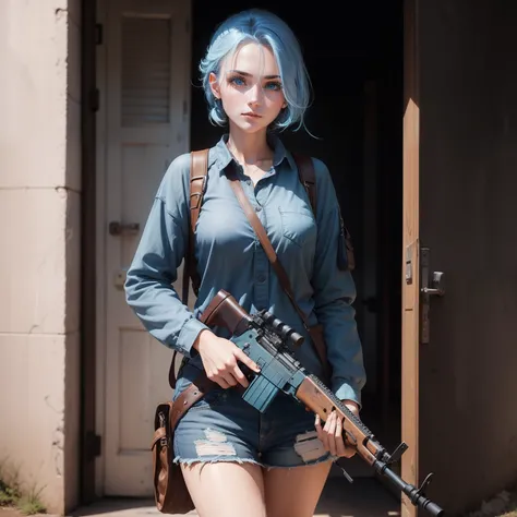 One woman, casual clothing, blue eyes, blue hair, holding a rifle