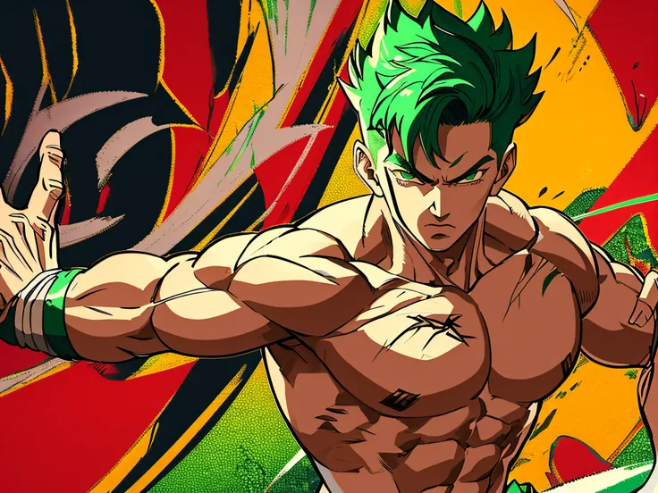 a young buffed innocent karate teenager with green hair and a dragon tattoo on his forearm