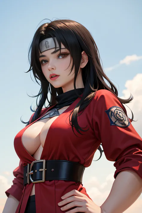nar_kurenai_yuhi, protetor da testa, bandagens, olhos vermelhos, cinto de liga vermelho, cintas de liga vermelhas, seios grandes, inclinando-se para frente