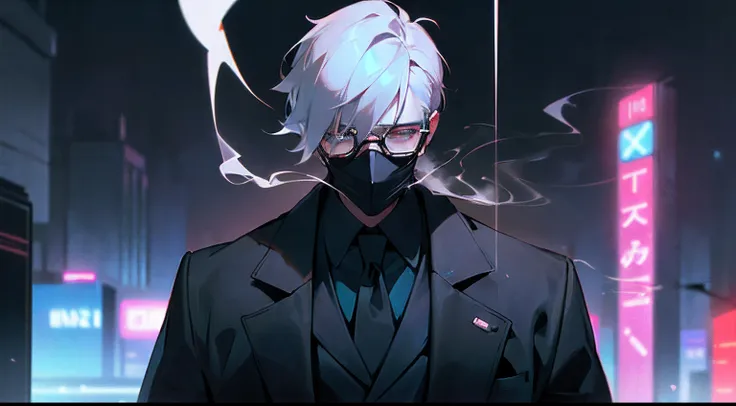 Bespectacled man smoking with a depressed look in a futuristic neon city with a black mask