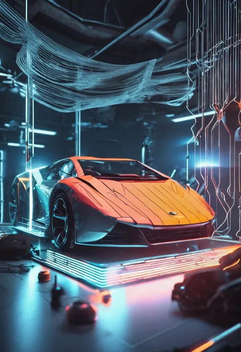 A cinematic data mesh and a futuristic car on a white background captured by Arri Alexa directed by James Cameron, serenidad calma esperanzadora ultra realista, Film grain, Regla de la tercera, cinematic color grading, Filmado en , bien iluminado, Fondo bl...