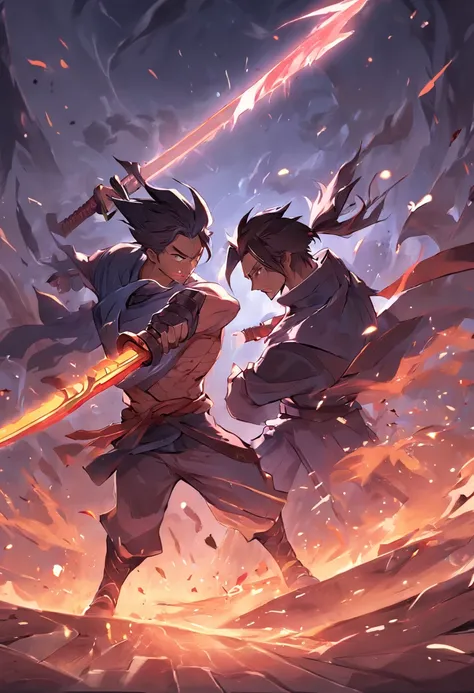 "Yasuo and Zed in an intense battle, showcasing their mastery of the blade and shadow techniques."