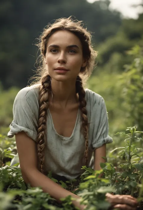 Photo of a beautiful girl A cinematic beautiful woman eating wild plants in nature, realistic, in a forest, hair ponytail in plaits, slim body, view from back, full body shot, looking at the camera, cute smile, shallow depth of field, dinamic pose