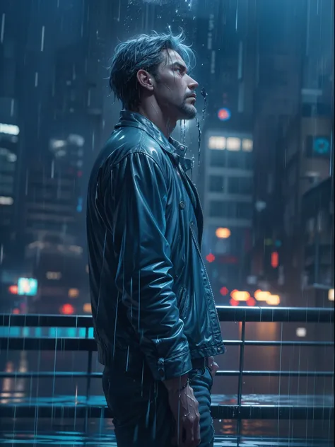 A sad man standing on the skycraper building with their loneliness, anger on the face, soaked wet building, rainy night, detailed portrait, wet in the rain, thunder lighting in the sky, dynamic pose, model pose, realistic face, detailed blue hairs, ray tra...