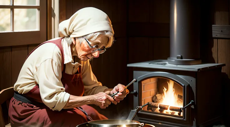 OLD WOMAN COOKING ON A WOOD STOVE