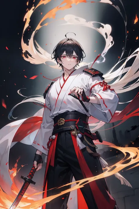 2boys，cabelos preto e longos，Red-eyed teenage man，Stand on an empty street at night，extreme hight detail，White jacket，Black Hakama，Aoba Ori，Holding a huge blood-colored weapon in one hand，A Japanese style，Intimidating，Engulfed in flames、Sword，wall-paper，CG...